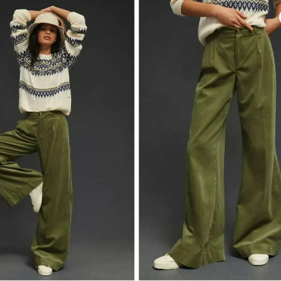 By Anthropologie Retro Vintage  Pleated Wide-Leg Corduroy Trousers Size 32 - Picture 1 of 8